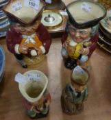 ROYAL DOULTON POTTERY ?JOLLY TOBY? JUG AND ?TOBY XX? JUG AND A SMALL ?CAPT CUTTLE? TOBY JUG AND A