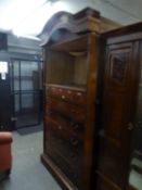 A LARGE VICTORIAN BURR WALNUTWOOD FRONTED MIRROR DOOR WARDROBE, HAVING SIX LARGE DRAWERS AND