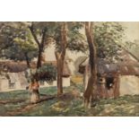 THEODORE JAMES GRACEY (1895-1959) WATERCOLOUR DRAWING Maid with baby walking between cottages Signed