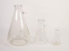 GRADUATED SET OF THREE CONICAL PYREX SCIENTIFIC GLASS VESSELS, 5L, 1L, 300ML, 14 ¼? (36.2cm), 9? (