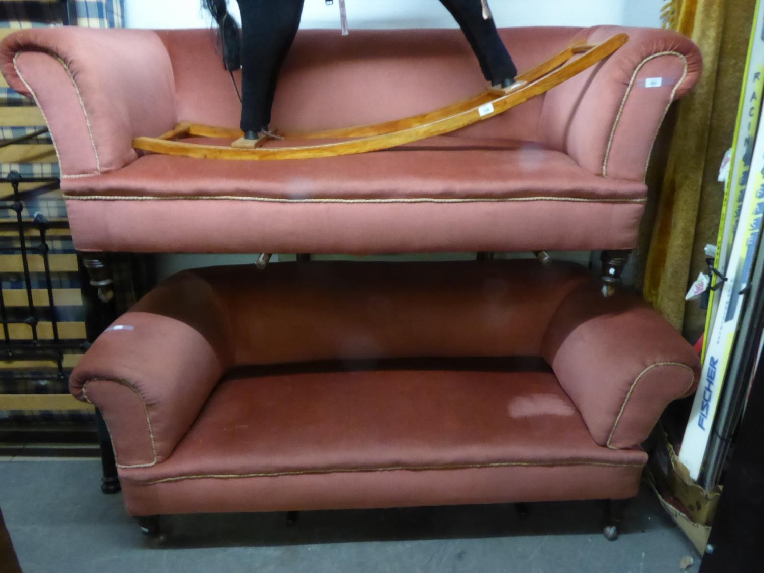 NEAR PAIR OF VICTORIAN DROP-END CHESTERFIELD SOFAS, covered in pale pink velour, 72? x 32?, one with - Image 2 of 2