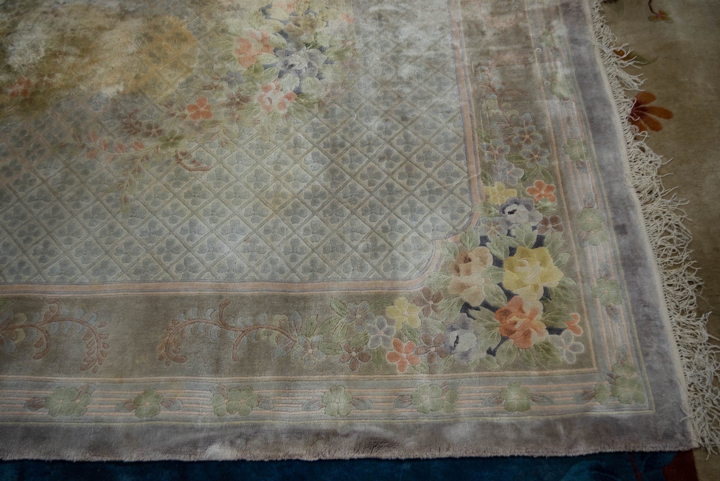 WASHED CHINESE PART SILK EMBOSSED CARPET with random floral bouquets on an all-over diaper - Image 2 of 3