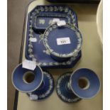 WEDGWOOD DARK BLUE AND WHITE JASPER WARE DRESSING TABLE SET OF FIVE PIECES, VIZ A PAIR OF