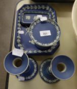WEDGWOOD DARK BLUE AND WHITE JASPER WARE DRESSING TABLE SET OF FIVE PIECES, VIZ A PAIR OF