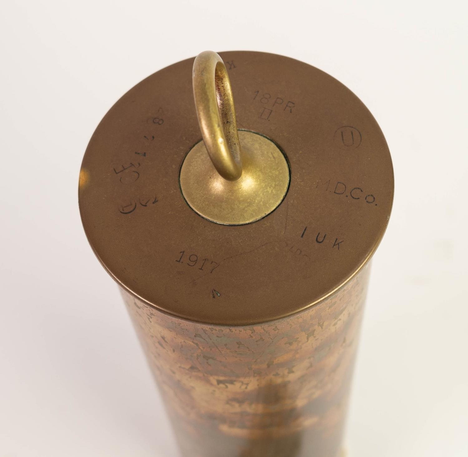 WWI (1917) BRASS TRENCH ART SHELL CASE AS A DINNER GONG, hung from a wall mounted brass - Image 2 of 2