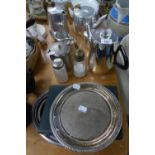 PIQUOT WARE STAINLESS STEEL TEA AND COFFEE SERVICE OF 4 PIECES, TWO STAINLESS STEEL OVAL DISHES