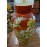 A WHITE OPAQUE GLASS OVULAR VASE, PAINTED WITH LARGE FLOWERS ON YELLOW AND RED GROUND