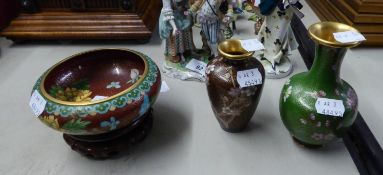 THREE SMALL PIECES OF PRE AND POST WAR CHINESE CLOISONNE, VIZ 2 VASES AND A BOWL ON STAND