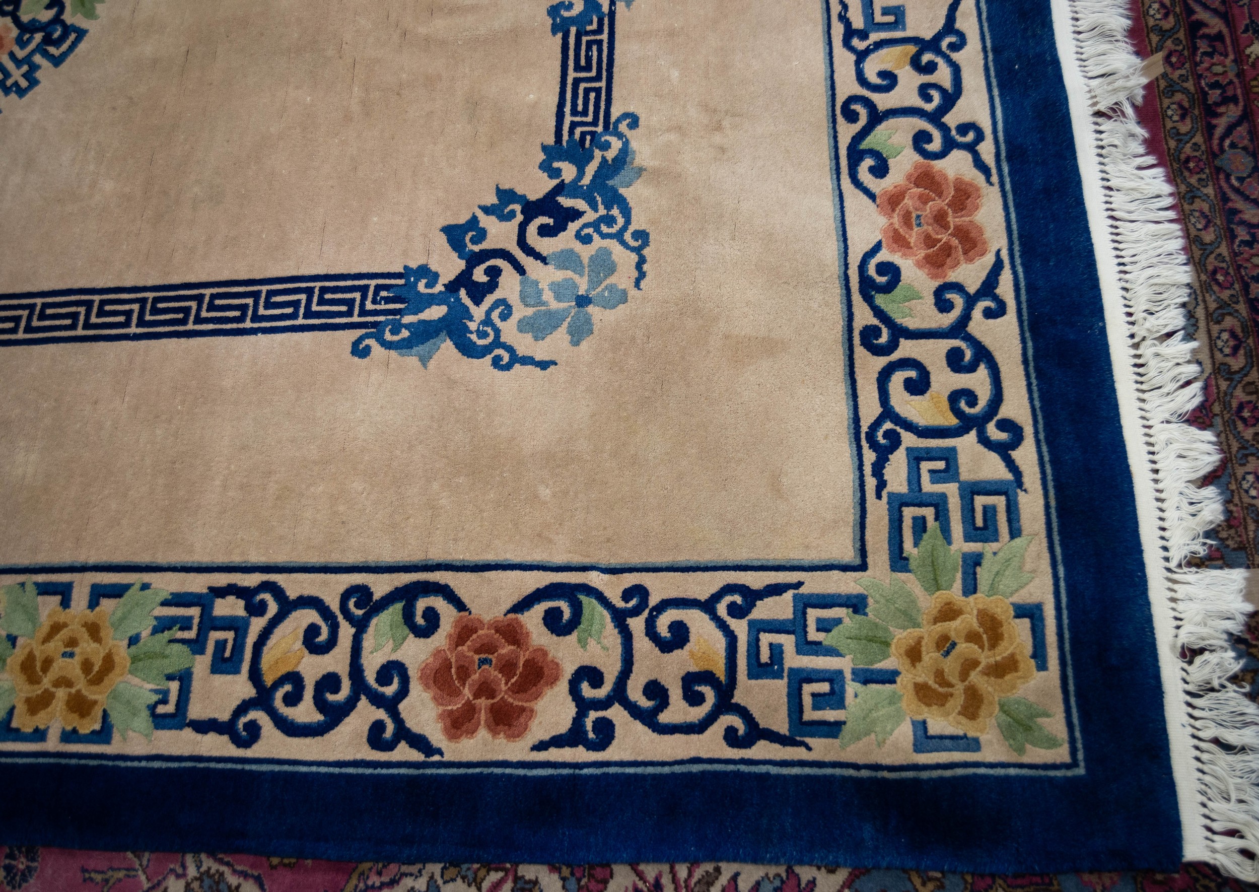 PRE-WAR CHINESE CARPET with stencilled blue key band and floral circular centre medallion and - Image 2 of 3