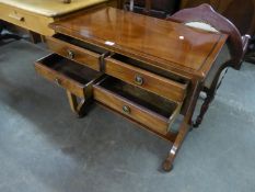 A FIGURED MAHOGANY OBLONG SIDE OR WRITING TABLE, FOUR SHORT DRAWERS, ON END PANEL SUPPORTS JOINTED