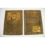 TWO INTER-WAR YEARS STAMPED BRASS WALL PLAQUES, one called 'Doggone', the other 'Bless this