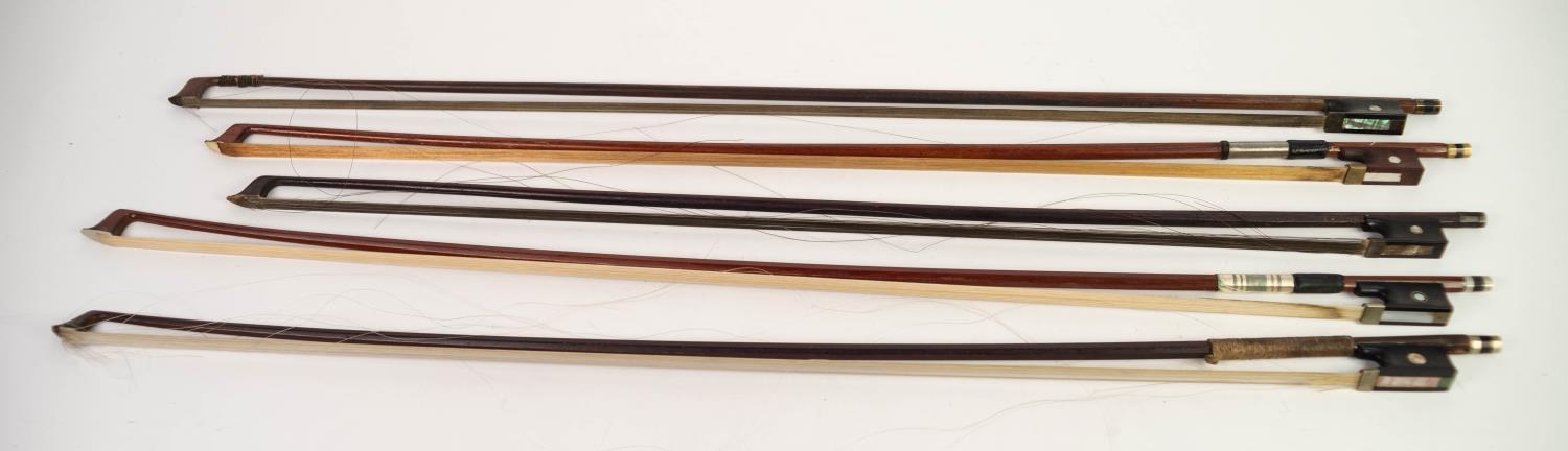 FIVE VARIOUS VIOLIN BOWS, ONE ONLY WITH TURNED STICK