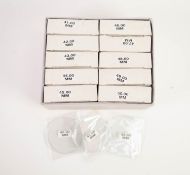 BOX CONTAINING TEN BOXES OF FLAT POCKET WATCH GLASSES, in sizes 41-50mm, each box with five