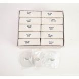 BOX CONTAINING TEN BOXES OF FLAT POCKET WATCH GLASSES, in sizes 41-50mm, each box with five