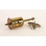 JOHN LINWOOD WARRANTED BRASS MECHANICAL SPIT, stamped 2, with ring and suspension hooks, (2)