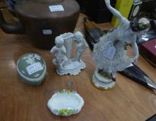 A WEDGWOOD SAGE GREEN JASPERWARE LIDDED OVAL BOX,  A FIGURINE OF A DANCING LADY AND TWO OTHER