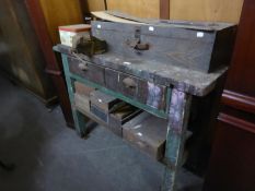 A WOODEN WORK BENCH, WITH TWO DRAWERS AND AN IRON VICE; A VINTAGE WOODEN TOOL BOX AND CONTENTS; NINE