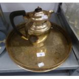 AN ELECTROPLATE OVULAR COFFEE POT WITH WOOD HANDLE AND FINIAL AND AN EP CHASED CIRCULAR GALLERY TRAY