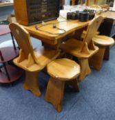 A RUSTIC STYLE PINE OBLONG KITCHEN TABLE, ON TRESTLE END SUPPORTS; THE MATCHING SET OF FOUR