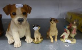 A LARGE COMPOSITION MODEL OF A SEATED DOG; TWO SMALL RESIN MODELS OF DOGS AND A BEATRIX POTTER GROUP