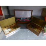 JEWELLERY BOX AND CONTENTS INCLUDES; LIGHTER/BROOCHES ETC.. AND 3 SMALL BOXES AND CONTENTS