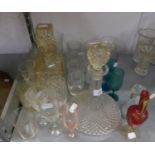 A CUT GLASS SQUARE SPIRIT DECANTER; A MOULDED GLASS SHIP'S DECANTER; CUT GLASS TUMBLERS AND MISC