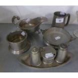 'CRAFTSMAN', SHEFFIELD, HAMMERED PEWTER, VIZ; A SAUCE BOAT, A CONDIMENT SET OF 3 PIECES, ON TRAY