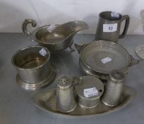 'CRAFTSMAN', SHEFFIELD, HAMMERED PEWTER, VIZ; A SAUCE BOAT, A CONDIMENT SET OF 3 PIECES, ON TRAY