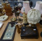 TWO ONYX TABLE LAMPS AND SHADES, 3 OTHER LAMPS, CARVED BOX CONTAINING SEWING MATERIALS, CARVED OAK