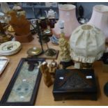 TWO ONYX TABLE LAMPS AND SHADES, 3 OTHER LAMPS, CARVED BOX CONTAINING SEWING MATERIALS, CARVED OAK