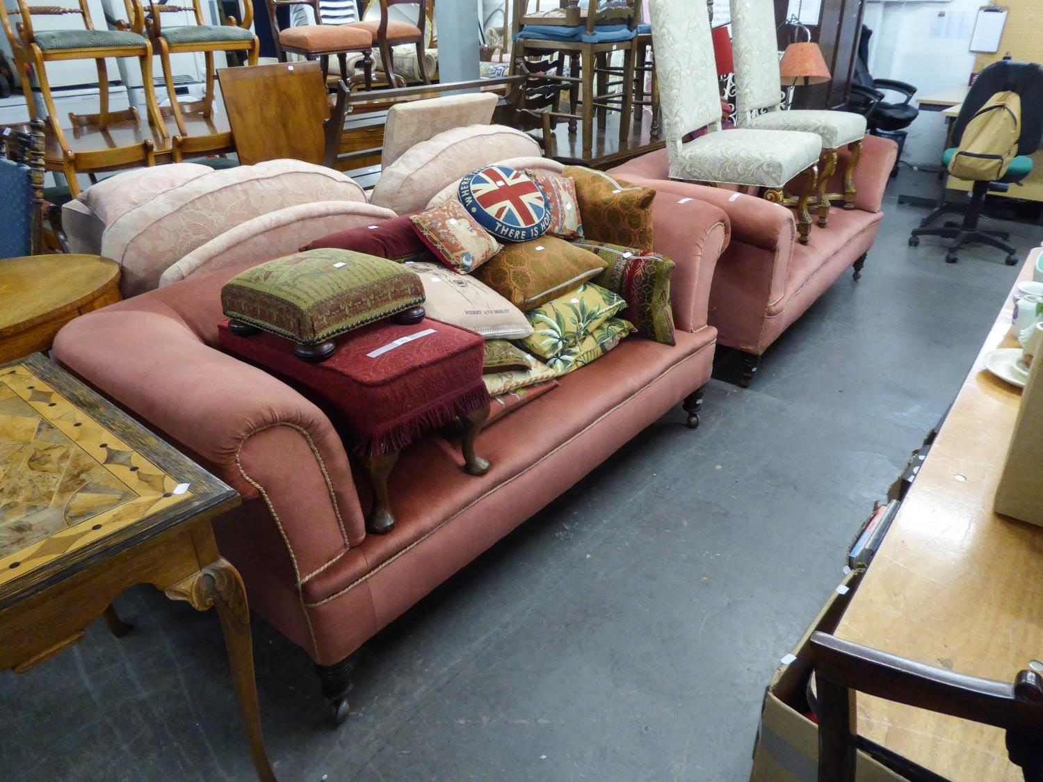 NEAR PAIR OF VICTORIAN DROP-END CHESTERFIELD SOFAS, covered in pale pink velour, 72? x 32?, one with