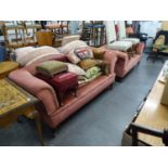 NEAR PAIR OF VICTORIAN DROP-END CHESTERFIELD SOFAS, covered in pale pink velour, 72? x 32?, one with