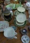 CARLTON WARE LEAF SHAPED DISH (CHIPPED); CHINESE RICE BOWL AND SPOON; A SET OF FOUR TWO HANDLED SOUP