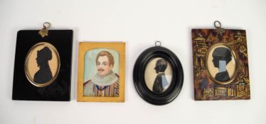 LATE 19th PASTICHE PORTRAIT MINIATURE OF AN ELIZABETHAN GENTLEMAN, and 3 SILHOUETTES (4)