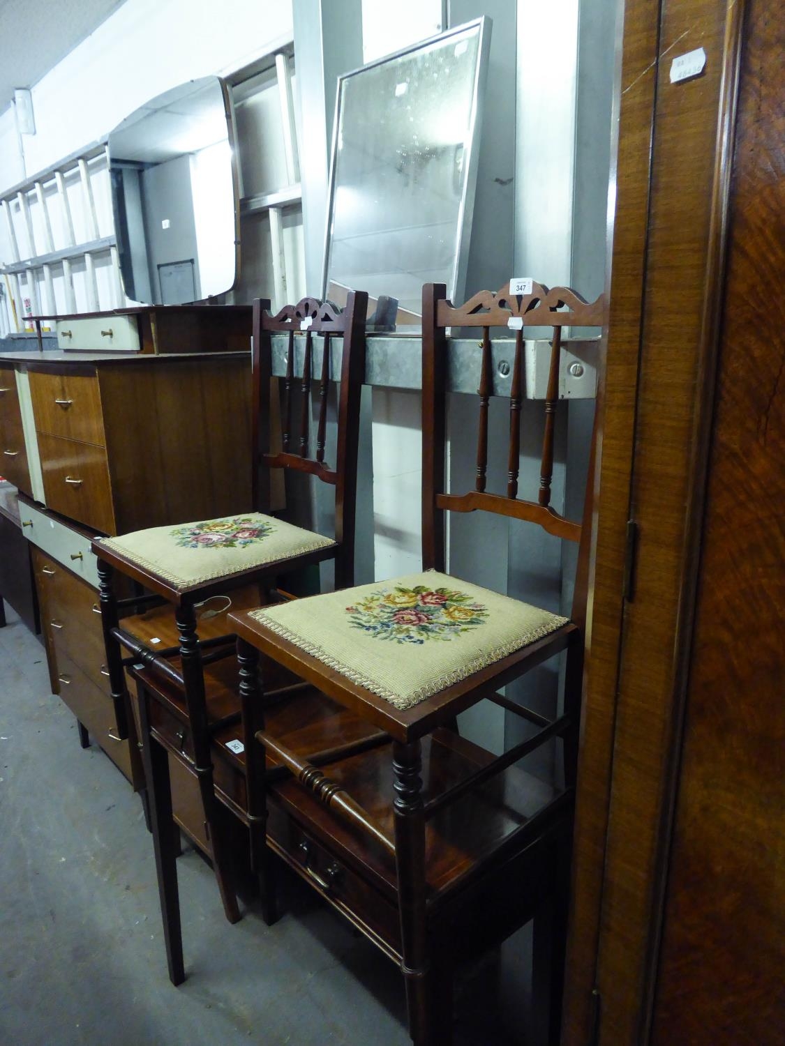 A PAIR OF MAHOGANY BEDROOM SINGLE CHAIRS WITH SPINDLE BACKS AND A CHROME FRAMED OBLONG WALL
