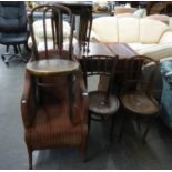 THREE BENTWOOD SINGLE CHAIRS AND A PURPLE LOOM TUB ARMCHAIR (3)