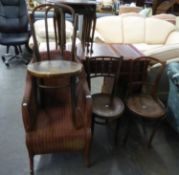 THREE BENTWOOD SINGLE CHAIRS AND A PURPLE LOOM TUB ARMCHAIR (3)