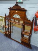 EDWARDIAN MAHOGANY OVER MANTEL MIRROR WITH DISPLAY SHELVES AND FRET-CUT DECORATION, APPROXIMATELY