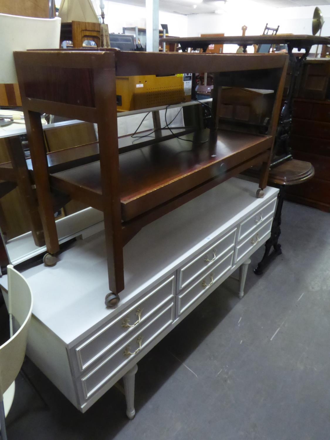 MODERN WHITE FINISHED DRESSING TABLE, WITH MIRROR AND A LARGE EXTENDABLE DINNER WAGON ON CASTORS  (