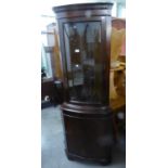 GEORGIAN STYLE MAHOGANY DOUBLE CORNER CUPBOARD, WITH BOW FRONT ASTRAGAL GLAZED UPPER DOOR