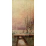 A. OAKLEY (EARLY TWENTIETH CENTURY) OIL PAINTING Winter landscape with stream and small bridge