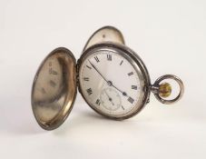 GEORGE V SILVER HUNTER POCKET WATCH, with keyless movement, white Roman dial with subsidiary