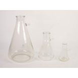 GRADUATED SET OF THREE CONICAL PYREX SCIENTIFIC GLASS VESSELS, 5L, 1L, 300ML, 14 ¼? (36.2cm), 9? (