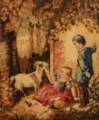 VICTORIAN CHENILLE PICTURE IN COLOURS, BOY WITH A SEATED GIRL FEEDING A GOAT, by a garden wall, 18