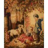 VICTORIAN CHENILLE PICTURE IN COLOURS, BOY WITH A SEATED GIRL FEEDING A GOAT, by a garden wall, 18