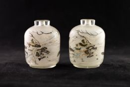 TWO VERY SIMILAR CHINESE INTERIOR PAINTED GLASS SNUFF BOTTLES  of ovoid section and having short