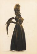 EARLY VICTORIAN BLACK PAINTED SILHOUETTE on paper of a lady standing holding a parrot, with
