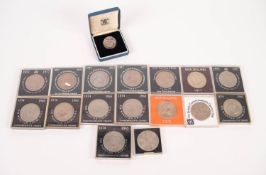 SIXTEEN QUEEN ELIZABETH II CROWN COINS, each in related hard plastic coin holder, includes;