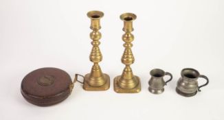 PAIR OF VICTORIAN BRASS CANDLESTICKS, the square bases having pushers, 8" (20.3cm) high.  TWO