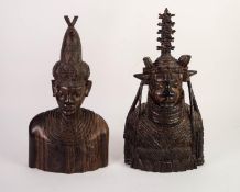 PAIR OF BENIN CARVED EBONY BUST OF MEN WITH ELABORATE, CEREMONIAL HEADDRESSES, 17? (43.2cm) high, (